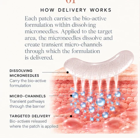 How delivery works: dissolving microneedles carrying the bio-active formulation, transient micro-channels through the barrier, and bio-actives released where the patch is applied.
