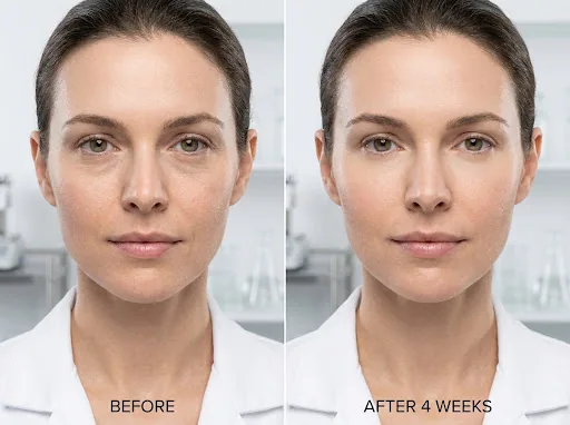 Illustrative comparison image showing the under-eye area, labelled before and after 4 weeks.