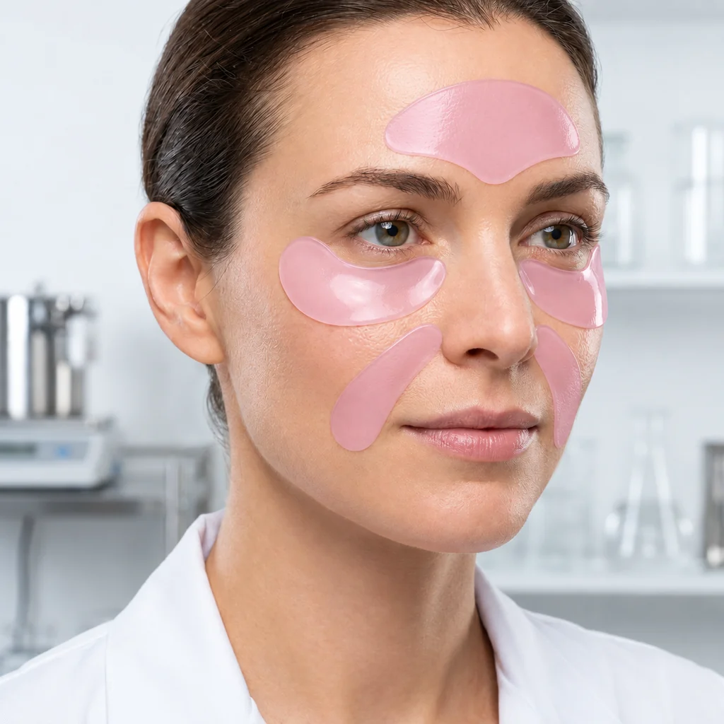Model wearing Salmon PDRN patches on the forehead, under-eye and nasolabial zones. Illustrative imagery.