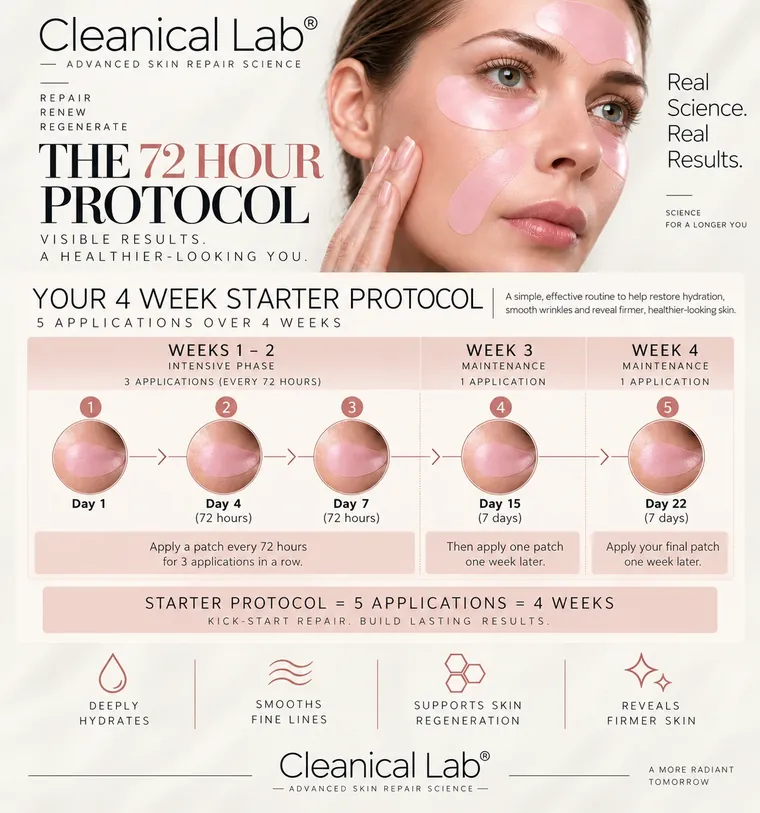 Cleanical Lab 72-hour protocol infographic: a 4-week starter protocol with 5 applications — three every 72 hours in weeks 1–2, then one in week 3 and one in week 4.